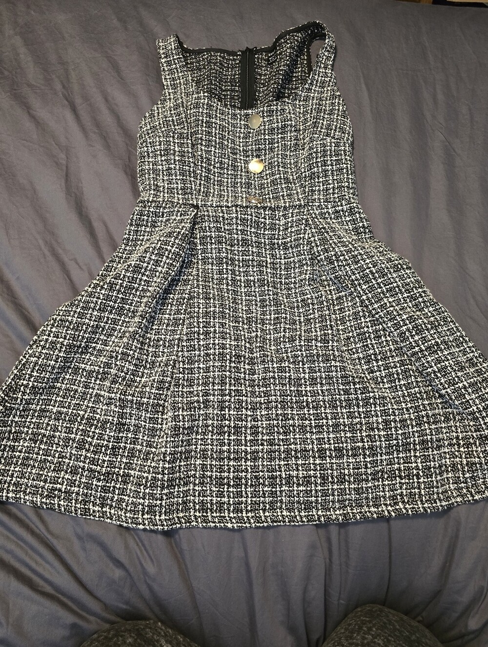 Shein Black and White Tweed A-Line Dress with Gold Buttons